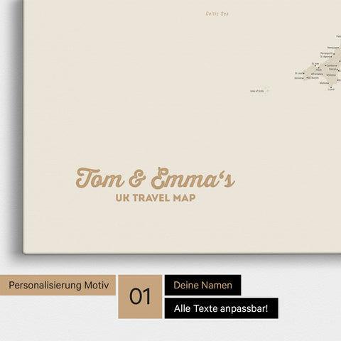 England- & Großbritannien-Karte Pinn-Leinwand in Farbe Gold mit personalisiertem Text