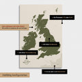 Vielfältige Konfigurationsmöglichkeiten einer England- & Großbritannien-Karte in Olive Green