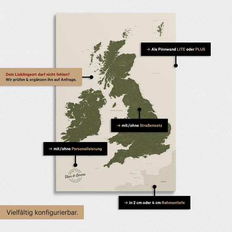 Vielfältige Konfigurationsmöglichkeiten einer England- & Großbritannien-Karte in Olive Green