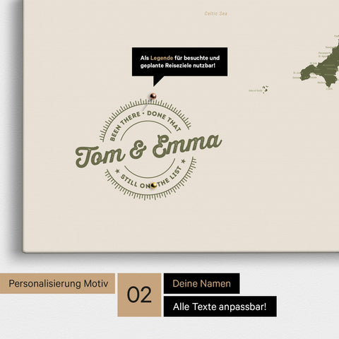 Personalisierte England-Karte als Pinn-Leinwand in Farbe Olive Green mit eingedruckten Namen und einer Legende zur Markierung von besuchten Orten