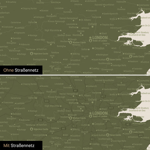 Carte d'Angleterre (Grande-Bretagne) & Irlande TRAVEL® Carte à épingles – Vert Olive