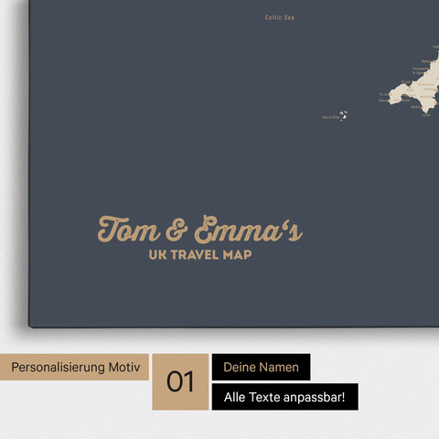 England- & Großbritannien-Karte Pinn-Leinwand in Farbe Hale Navy (Blau-Gold) mit personalisiertem Text