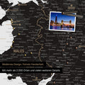 Ausschnitt einer Landkarte von Wales und England in Farbe Light Black mit Pins zur Markierung von besuchten Reisezielen