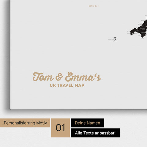 England- & Großbritannien-Karte Pinn-Leinwand in Farbe Light Black mit personalisiertem Text
