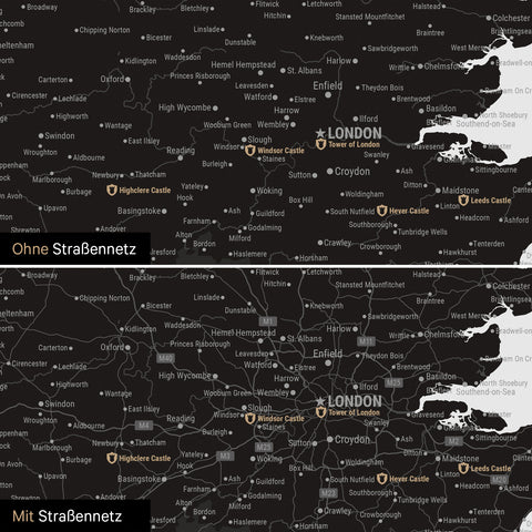 Carte d'Angleterre (Grande-Bretagne) & Irlande TRAVEL® Carte à épingles – Noir Clair