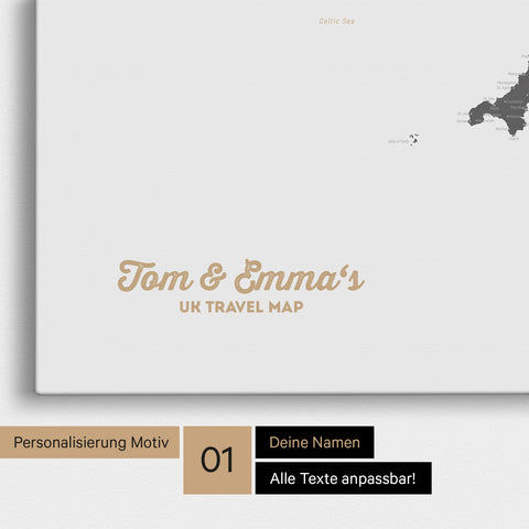 England- & Großbritannien-Karte Pinn-Leinwand in Farbe Light Gray mit personalisiertem Text