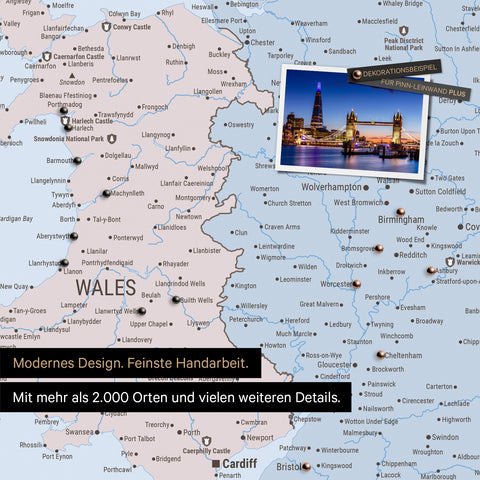 Ausschnitt einer politischen Landkarte von Wales und England in Farbe Multicolor Atlas mit Pins zur Markierung von besuchten Reisezielen