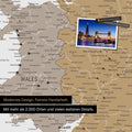 Ausschnitt einer Landkarte von Wales und England in Farbe Multicolor Beige mit Pins zur Markierung von besuchten Reisezielen