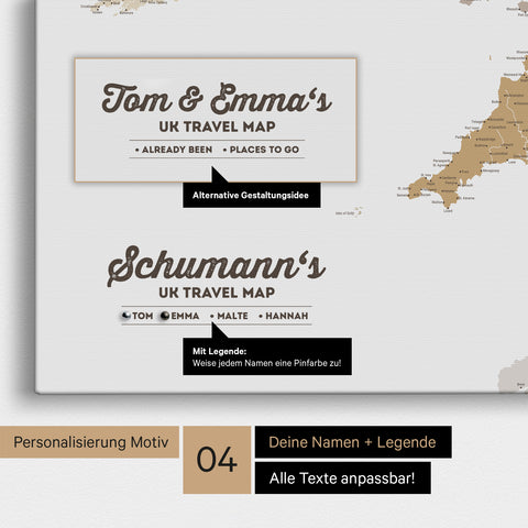 England-Karte als Leinwand zum Pinnen in Farbe Multicolor Beige mit Personalisierung in Form eines Logos für Familiennamen