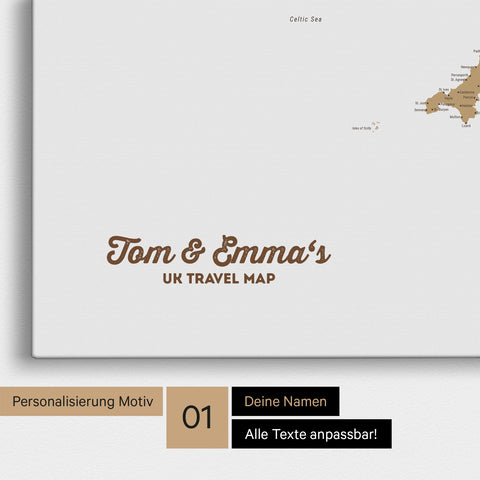 England- & Großbritannien-Karte Pinn-Leinwand in Farbe Multicolor Beige mit personalisiertem Text