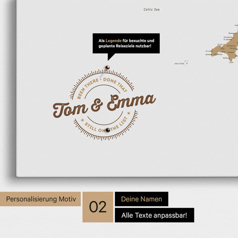 Personalisierte England-Karte als Pinn-Leinwand in Farbe Multicolor Beige mit eingedruckten Namen und einer Legende zur Markierung von besuchten Orten