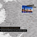 Ausschnitt einer Landkarte von Wales und England in Farbe Multicolor Gray mit Pins zur Markierung von besuchten Reisezielen
