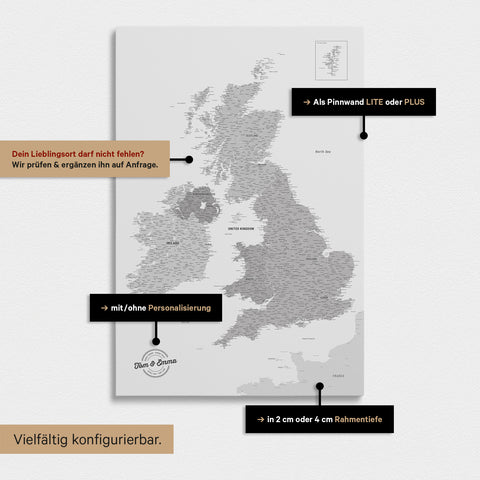 Vielfältige Konfigurationsmöglichkeiten einer England- & Großbritannien-Karte in Multicolor Gray