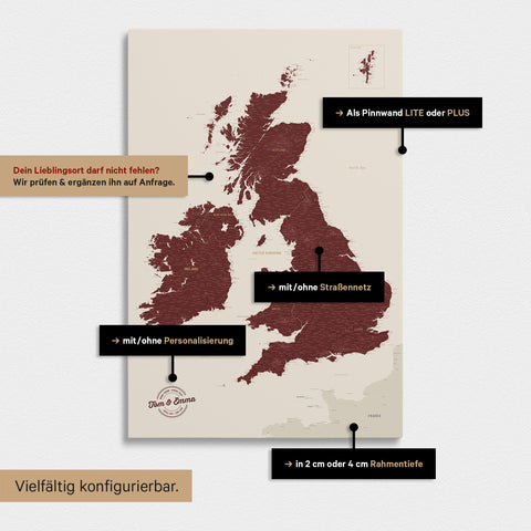Vielfältige Konfigurationsmöglichkeiten einer England- & Großbritannien-Karte in Bordeaux Rot