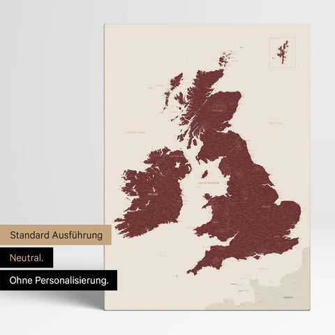 Neutrale Ausführung einer England- & Großbritannien-Karte in Farbe Bordeaux Rot ohne Personalisierung