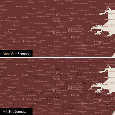 Carte d'Angleterre (Grande-Bretagne) & Irlande TRAVEL® Carte à épingles – Rouge Bordeaux