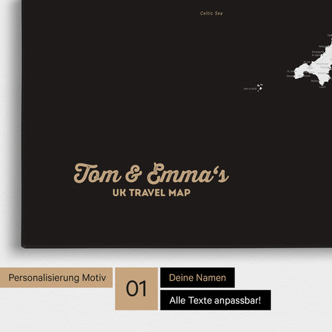 England- & Großbritannien-Karte Pinn-Leinwand in Farbe Schwarz-Weiss mit personalisiertem Text