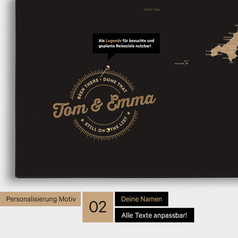 Personalisierte England-Karte als Pinn-Leinwand in Farbe Sonar Black (Schwarz-Gold) mit eingedruckten Namen und einer Legende zur Markierung von besuchten Orten
