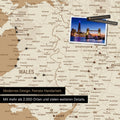 Ausschnitt einer Landkarte von Wales und England in Farbe Treasure Gold mit Pins zur Markierung von besuchten Reisezielen
