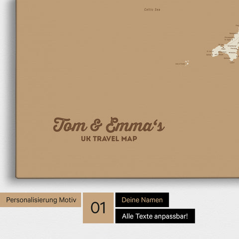 England- & Großbritannien-Karte Pinn-Leinwand in Farbe Treasure Gold mit personalisiertem Text