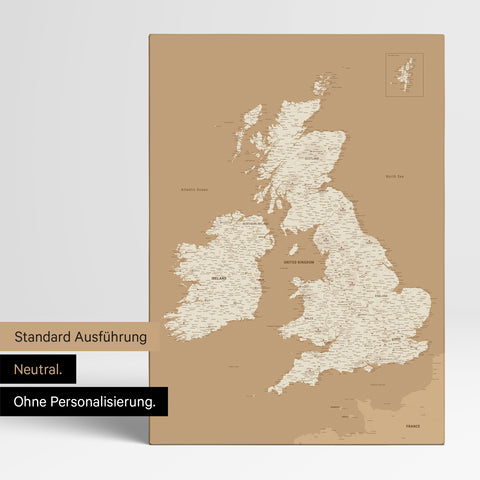 Neutrale Ausführung einer England- & Großbritannien-Karte in Farbe Treasure Gold ohne Personalisierung