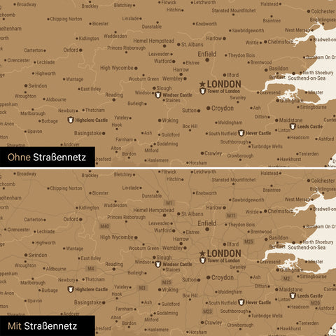 Vergleich einer England-Karte mit und ohne Straßennetz