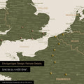 Europa Landkarte in Olive Grün als Leinwand zum Pinnen zeigt einen Ausschnitt von England, Frankreich und Belgien mit vielen Details wie Nationalparks, Flüssen und zahlreichen kleinen Orten und Städten, die teilweise mit Pins markiert sind