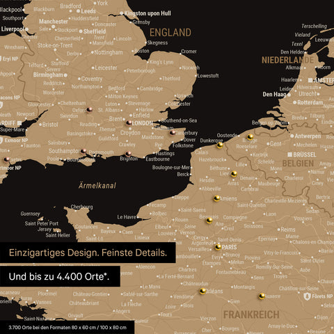 Europa Landkarte in Treasure Gold als Leinwand zum Pinnen zeigt einen Ausschnitt von England, Frankreich und Belgien mit vielen Details wie Nationalparks, Flüssen und zahlreichen kleinen Orten und Städten, die teilweise mit Pins markiert sind