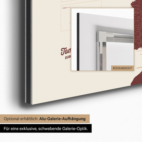 Carte magnétique de l'Europe TRAVEL® Tableau magnétique – Rouge Bordeaux