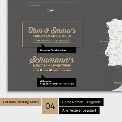 Europakarte als Magnettafel in Dunkelgrau mit Personalisierung als Logo mit Familiennamen und Legende