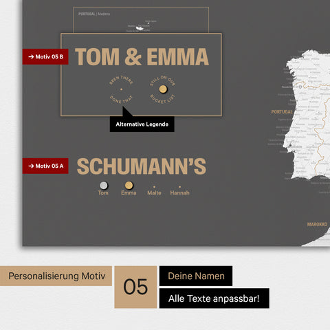 Magnetische Europa-Karte in einem modernen Design in Dunkelgrau als Magnetboard mit Personalisierung als Logo mit einer Weltkugel