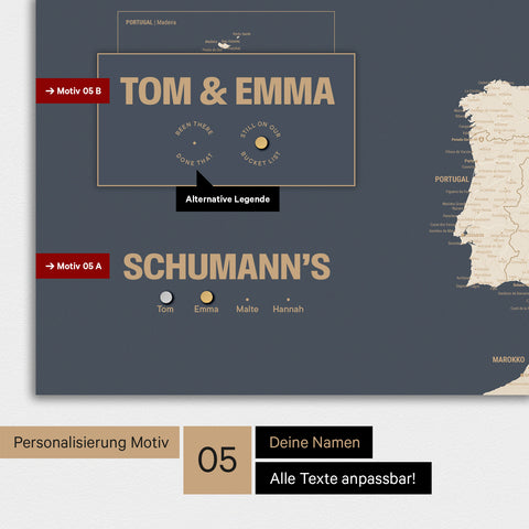 Magnetische Europa-Karte in einem modernen Design in Hale Navy (Dunkelblau-Gold) als Magnetboard mit Personalisierung als Logo mit einer Weltkugel