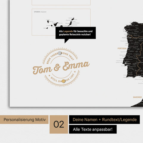 Personalisierte Magnet-Europakarte in Light Black (Weiß-Schwarz) mit rundem Logo, das eine Legende für bereits besuchte Reiseziele beinhaltet