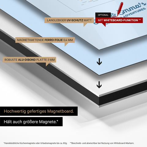 Europakarte auf magnethaftende Ferro-Folie gedruckt, auf Alu-Dibond-Tafel geklebt und mit UV-Schutz kaschiert