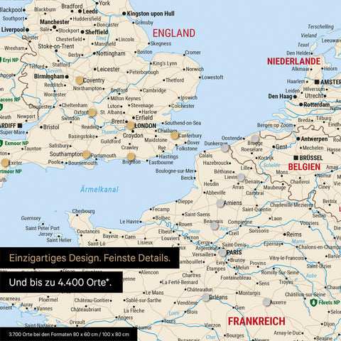 Ausschnitt einer magnetischen Europakarte in Multicolor Classic zeigt einen Ausschnitt von England, Frankreich und Belgien mit Details wie Nationalparks, Flüssen und zahlreichen kleineren Orten und Städten