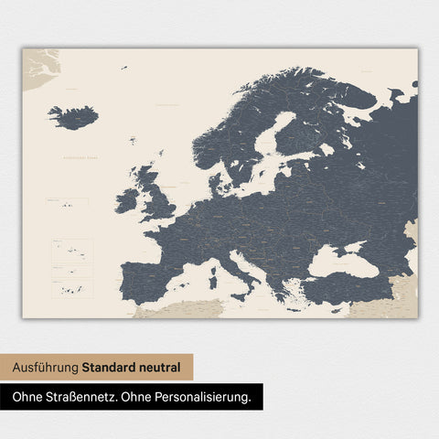 Magnetische Europakarte als Magnetboard in Navy Light mit Personalisierung und Namen in einer modernen Schreibschrift
