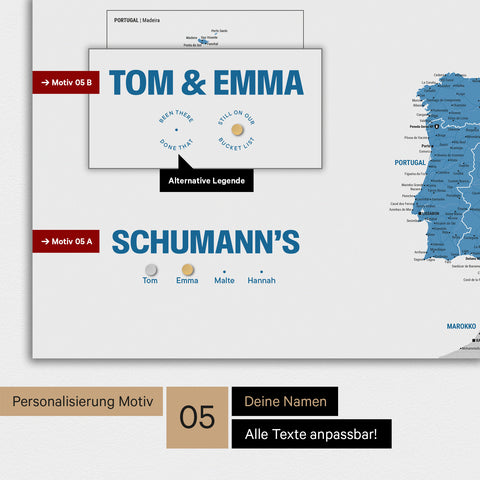 Magnetische Europa-Karte in einem modernen Design in Blau als Magnet-Poster mit Personalisierung als Logo mit einer Weltkugel