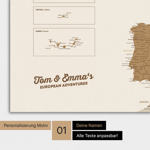 Magnetische Europakarte als Magnet-Poster in Bronze mit Personalisierung und Namen in einer modernen Schreibschrift