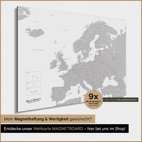 Carte d'Europe TRAVEL® Poster Magnétique – Coolgray (Gris clair)