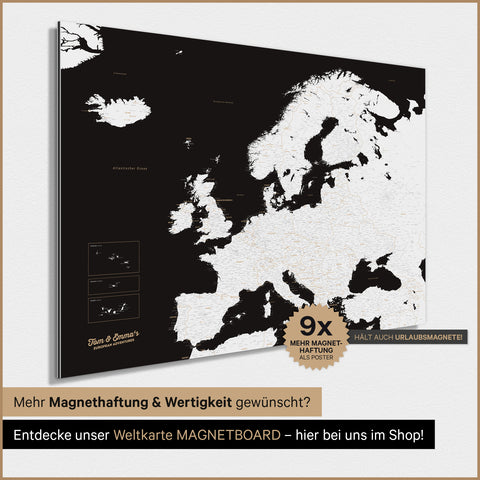 Carte d'Europe TRAVEL® Poster Magnétique – Noir Foncé (Noir et Blanc)