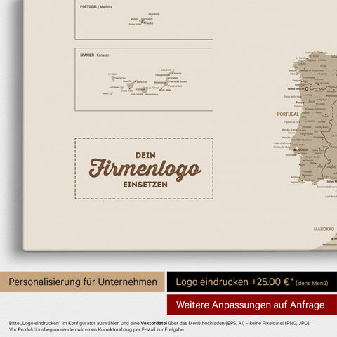 Europa Landkarte Pinnwand in Desert Sand mit Eindruck eines Firmenlogos für Unternehmen