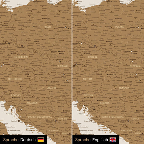 Europa Landkarte Design in Bronze wahlweise in deutscher oder englischer Sprache