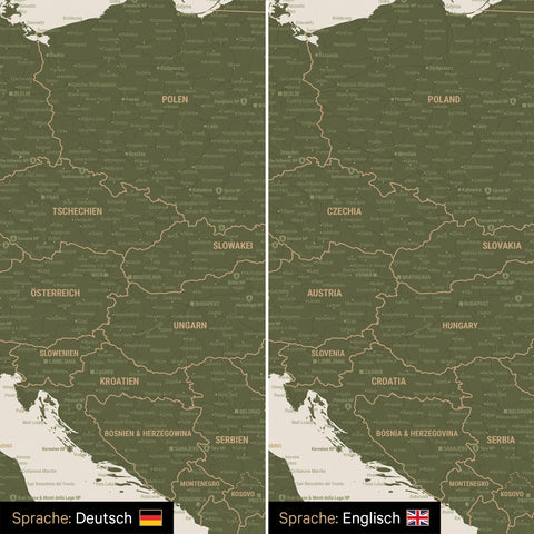 Europa Landkarte Design in Olive Grün wahlweise in deutscher oder englischer Sprache