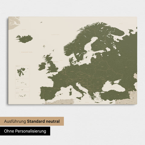 Neutrale Standard Ausführung der detaillierten Europakarte als Pinnwand Leinwand in Olive Grün ohne Personalisierung