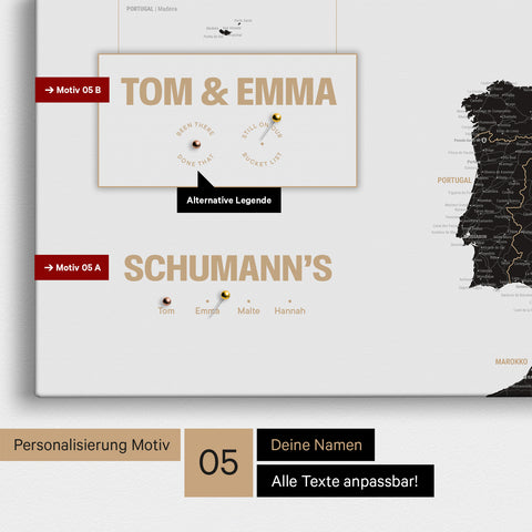 Europa-Karte in einem modernen Design in Light Black (Weiß-Schwarz) als Pinn-Leinwand mit Personalisierung als Logo mit einer Weltkugel