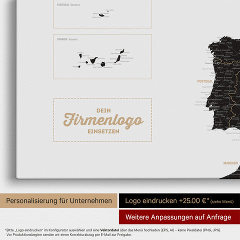 Europa Landkarte Pinnwand in Light Black (Weiß-Schwarz) mit Eindruck eines Firmenlogos für Unternehmen