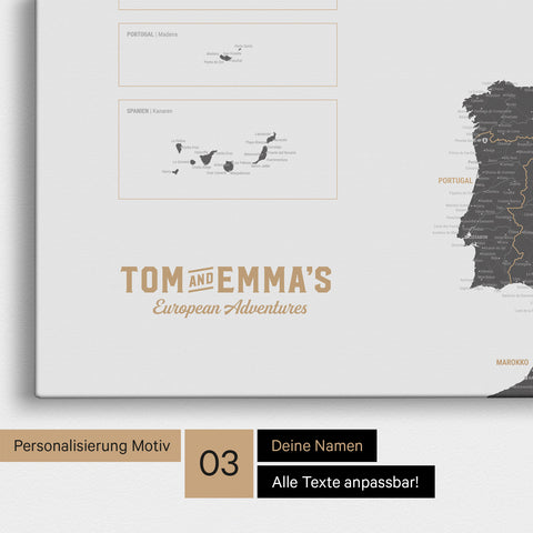 Europakarte zum Pinnen in Light Gray mit Personalisierung im Vintage-Stil