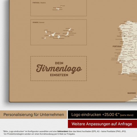 Europa Landkarte Pinnwand in Treasure Gold mit Eindruck eines Firmenlogos für Unternehmen