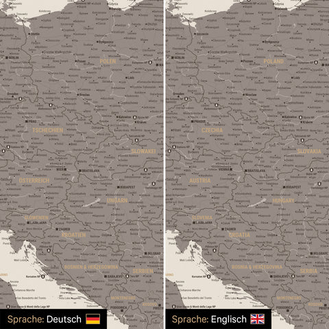 Europa Landkarte Design in Warmgray (Braun-Grau) wahlweise in deutscher oder englischer Sprache