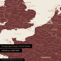 Moderne Europa Landkarte in der Farbe Bordeaux Rot als Poster mit einem Ausschnitt von Italien, Kroatien und Griechenland